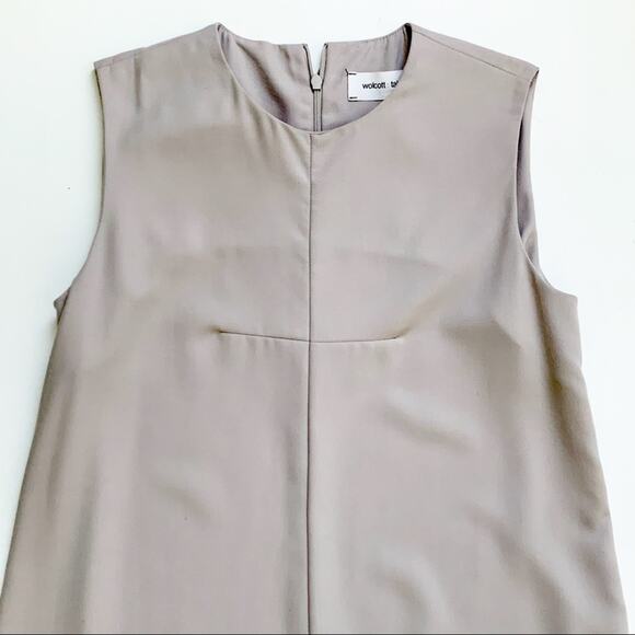 Walcott:Takemoto Dress Designer Silk Taupe Sleeveless Box Pleat Sheath Small NEW - Picture 10 of 12